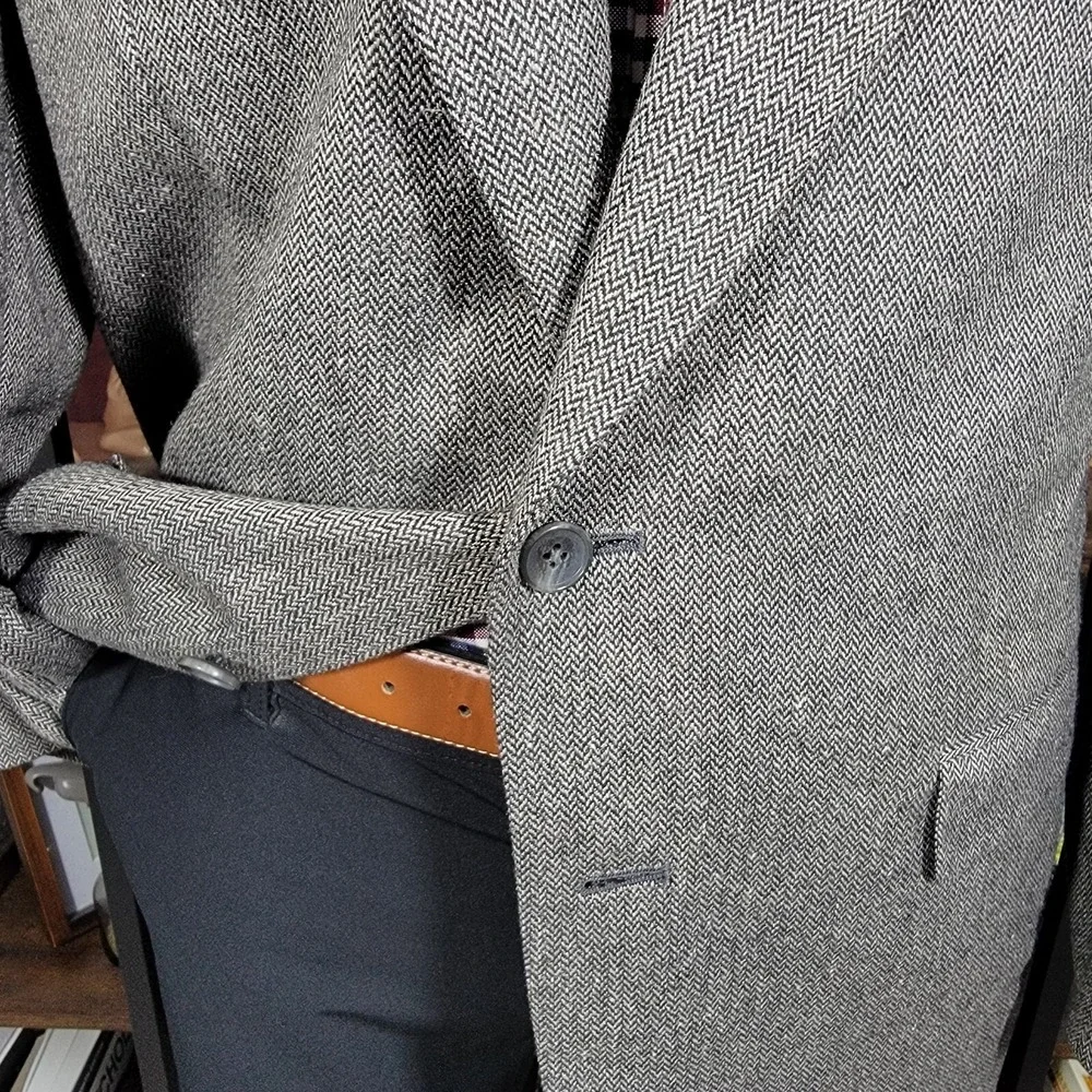 Town Craft Mens Sport Coat Blazer Two Button Gray Herringbone Silk Poly Wool 43L